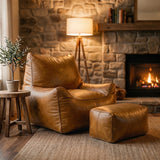 Saddle Bean Bag Sofa with Ottoman – Cognac